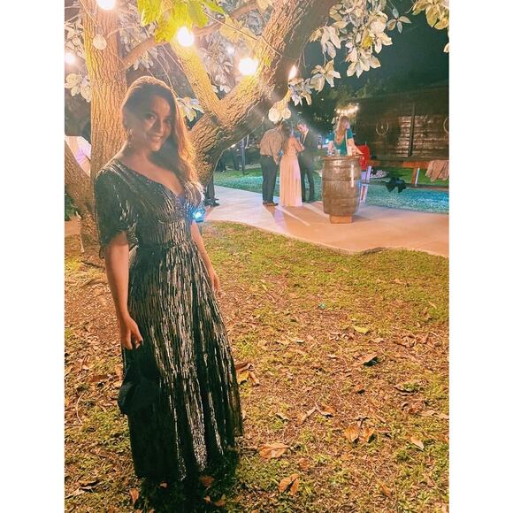 BA&SH Black Gold Metallic V-Neckline Nixon Short Sleeve Maxi Dress Size US 6 - Picture 6 of 16